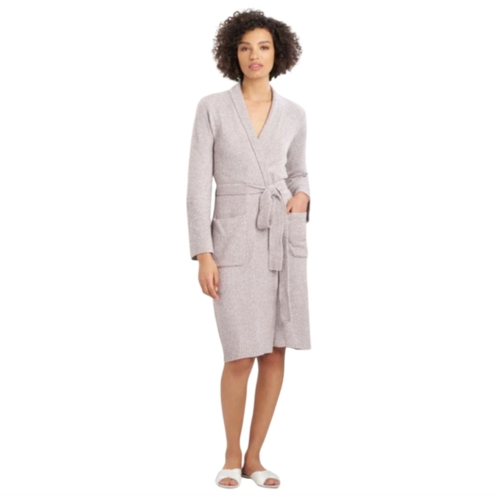 Natori Mushroom Gray Jersey Knit Wrap Robe Long Sleeve Belted Pockets Size L